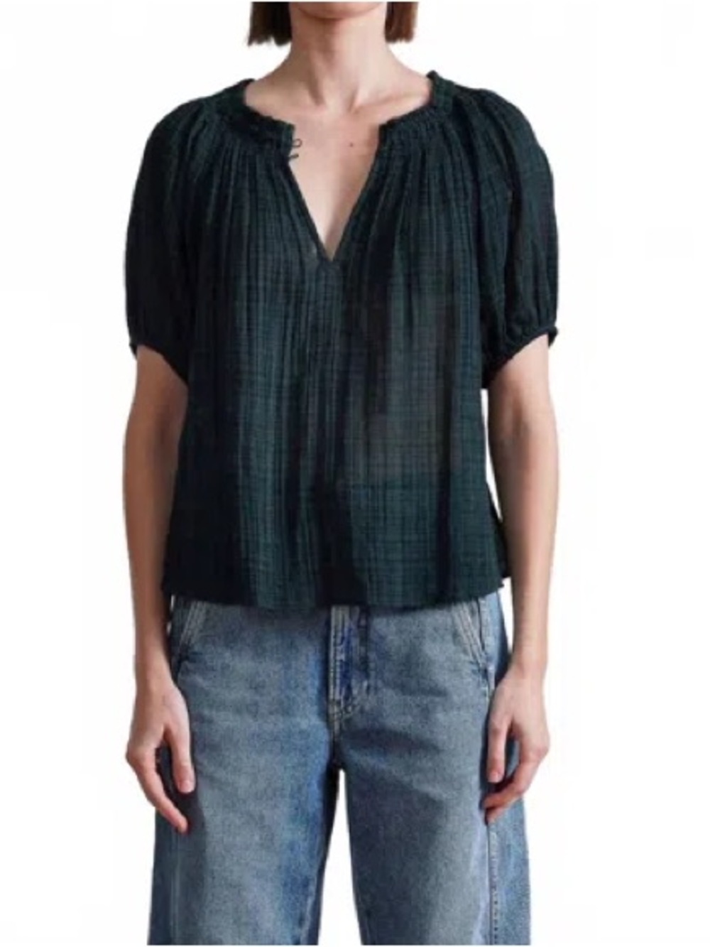 Apiece Apart Nori Esparta Short Sleeve Top In Green In Black Plaid Puff Sleeve